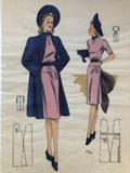1940s Vintage Fashion Print Pink Dress with Blue Jacket & Hat