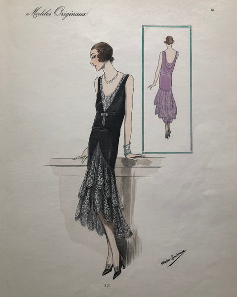 Vintage 1920s Atelier Bachroitz Opulent Art Deco Silk Evening Dress French Fashion Pochoir