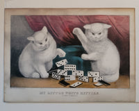 CURRIER & IVES. My Little White Kitties, Playing Dominoes Lithograph c.1857-1872