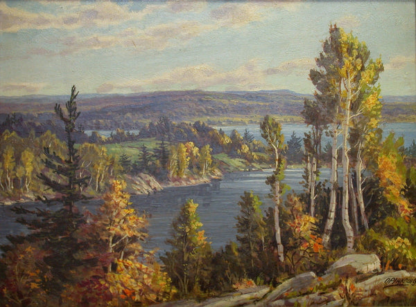 Otto Planding (Canadian, 1887-1964) Huntsville, Full Fall, Open Water Oil Painting