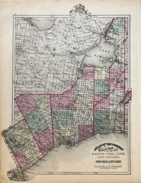 George N. Tackabury's 1875 Antique Map of The Counties of Halton, Peel, York and Ontario 