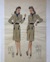 Les Croquis du Grand Chic 1930s French Fashion Beige Khaki Dress Pochoir
