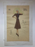 Vintage Fashion Print Les Croquis du Grand Chic 1940s French Fashion Brown A-Line Dress Pochoir