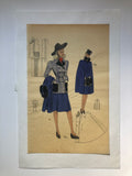 Les Croquis du Grand Chic 1940s French Fashion Plaid Jacket with Blue Skirt & Jacket Pochoir Fashion Print