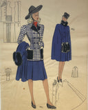 Les Croquis du Grand Chic 1940s French Fashion Plaid Jacket with Blue Skirt & Jacket Pochoir Fashion Print
