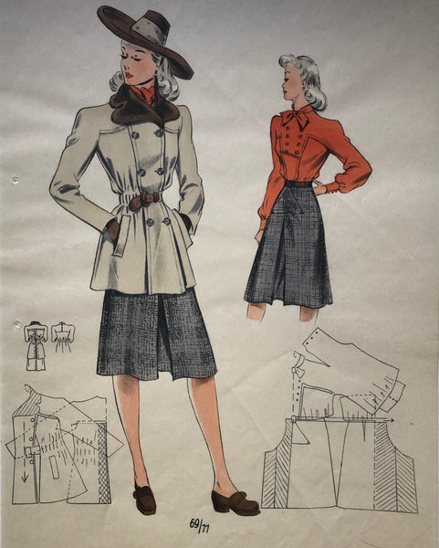 Les Croquis du Grand Chic Vintage Fashion Print Orange Blouse with skirt