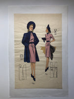 1940s Vintage Fashion Print Pink Dress with Blue Jacket & Hat