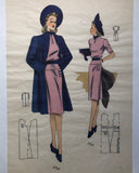1940s Vintage Fashion Print Pink Dress with Blue Jacket & Hat