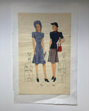 1940s Les Croquis du Grand Chic Spring/Summer French Pochoir Fashion Print Two Models in A-Line Dresses