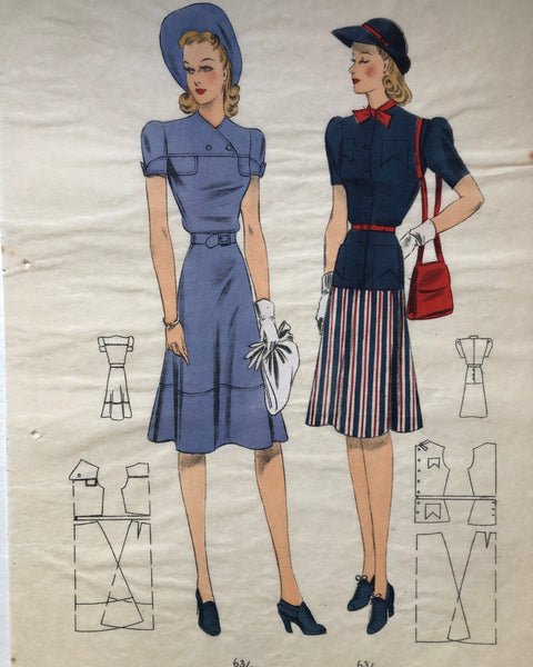 1940s Les Croquis du Grand Chic Spring/Summer French Pochoir Fashion Print Two Models in A-Line Dresses
