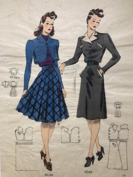 1940s Les Croquis du Grand Chic Fall/Winter French Fashion Pochoir Print Two Models in Plaid Skirt & Black Dress