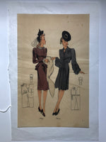 Les Croquis du Grand Chic Fall-Winter French Fashion Pochoir Print Two Female Models in 1940s Evening Dresses