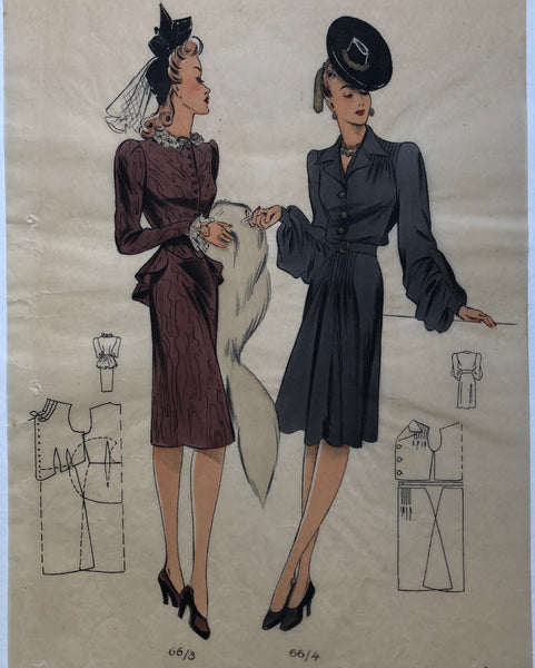 Les Croquis du Grand Chic Fall-Winter French Fashion Pochoir Print Two Female Models in 1940s Evening Dresses