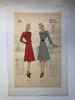 1940s Fashion Pochoir Print Les Croquis du Grand Chic Spring/Summer French Fashion Two Models in A-Line Dresses