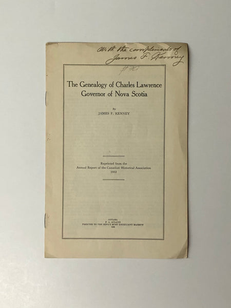 The Genealogy of Charles Lawrence Governor of Nova Scotia by James F. Kenney pamphlet