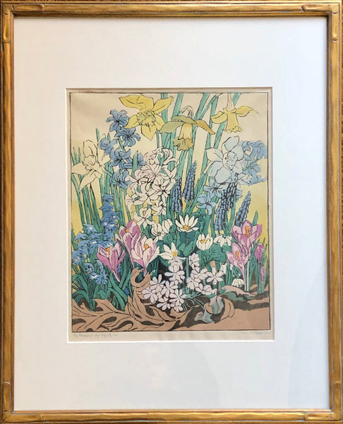Mary Evelyn Wrinch [Canadian, 1878-1969] The Pageant of April  Framed Colour Linocut