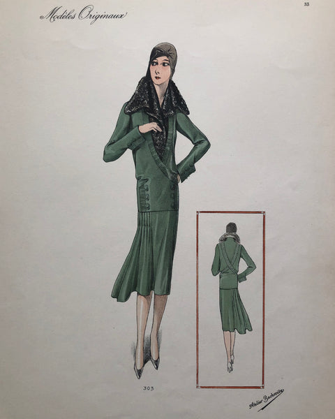 Vintage 1920s Atelier Bachroitz 3 Piece Green Skirt Suit French Fashion Pochoir