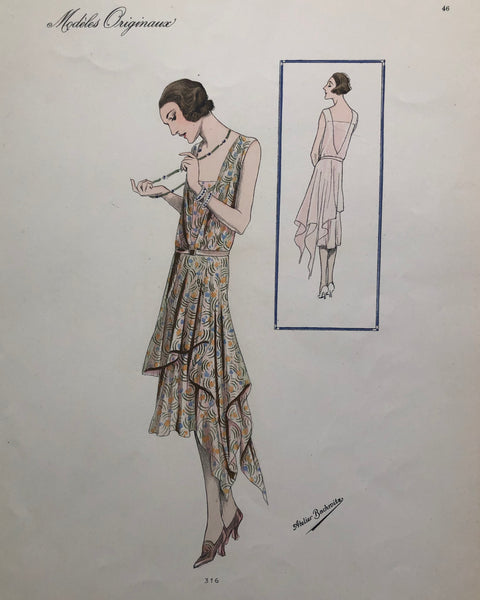Vintage 1920s Atelier Bachroitz Art Deco Pattern Dress French Fashion Pochoir