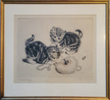 Meta Pluckebaum [German, 1876-1945] Powder Puff Mischievous Cats framed etching