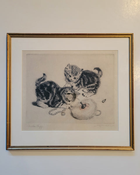 Meta Pluckebaum [German, 1876-1945] Powder Puff Mischievous Cats framed etching