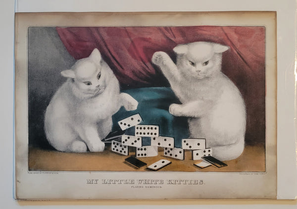 CURRIER & IVES. My Little White Kitties, Playing Dominoes Lithograph c.1857-1872