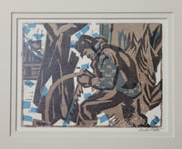 Andre Charles Bieler [Canadian, 1896-1989] Woodcutter Adjusting Saw Framed Woodblock