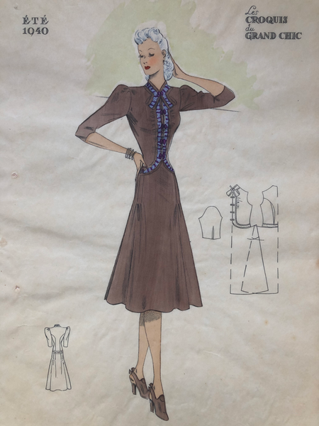 Les Croquis du Grand Chic 1940s French Fashion Brown A-Line Dress Pochoir